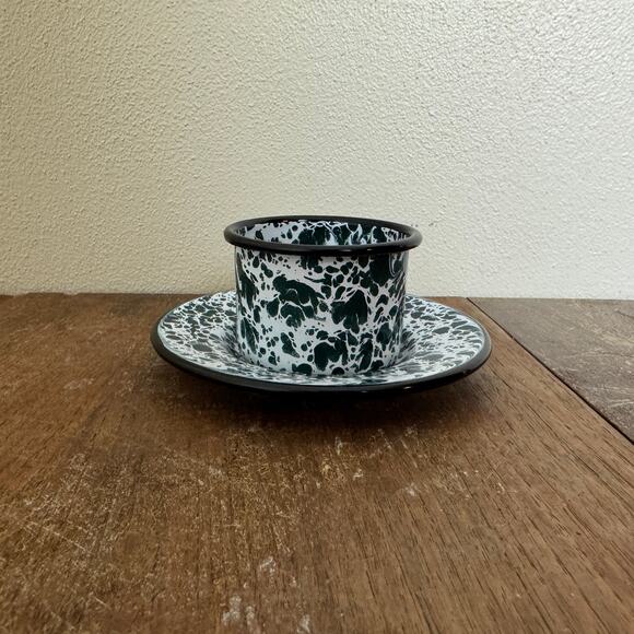 Vintage Reproduction White Green Child Size Granite Enamel Ware Tea cup & saucer - Picture 7 of 11